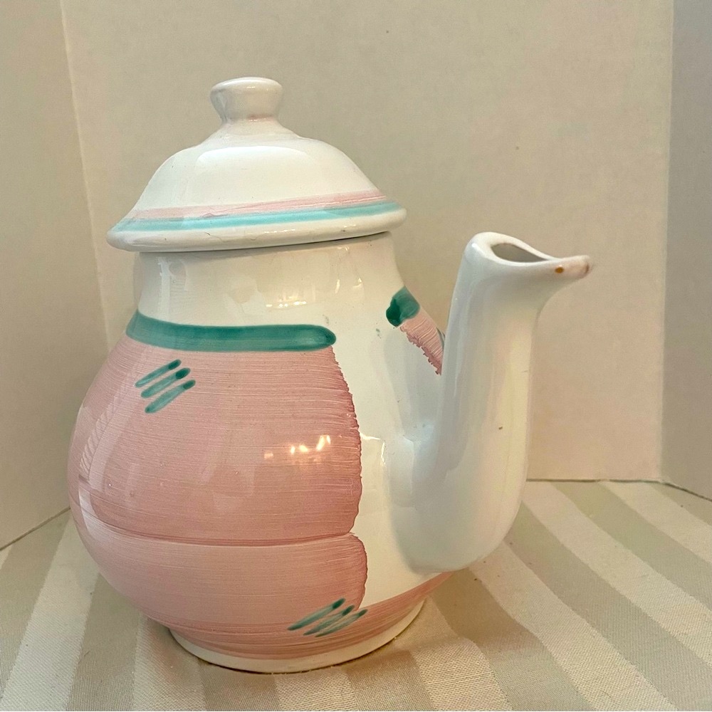 Caleca teapot, pink and teal stripe.  Vintage.  Made in Italy 🇮🇹
